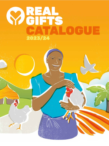 Orange background with graphic of woman holding a chicken