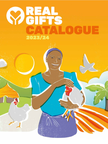 Orange background with graphic of woman holding a chicken