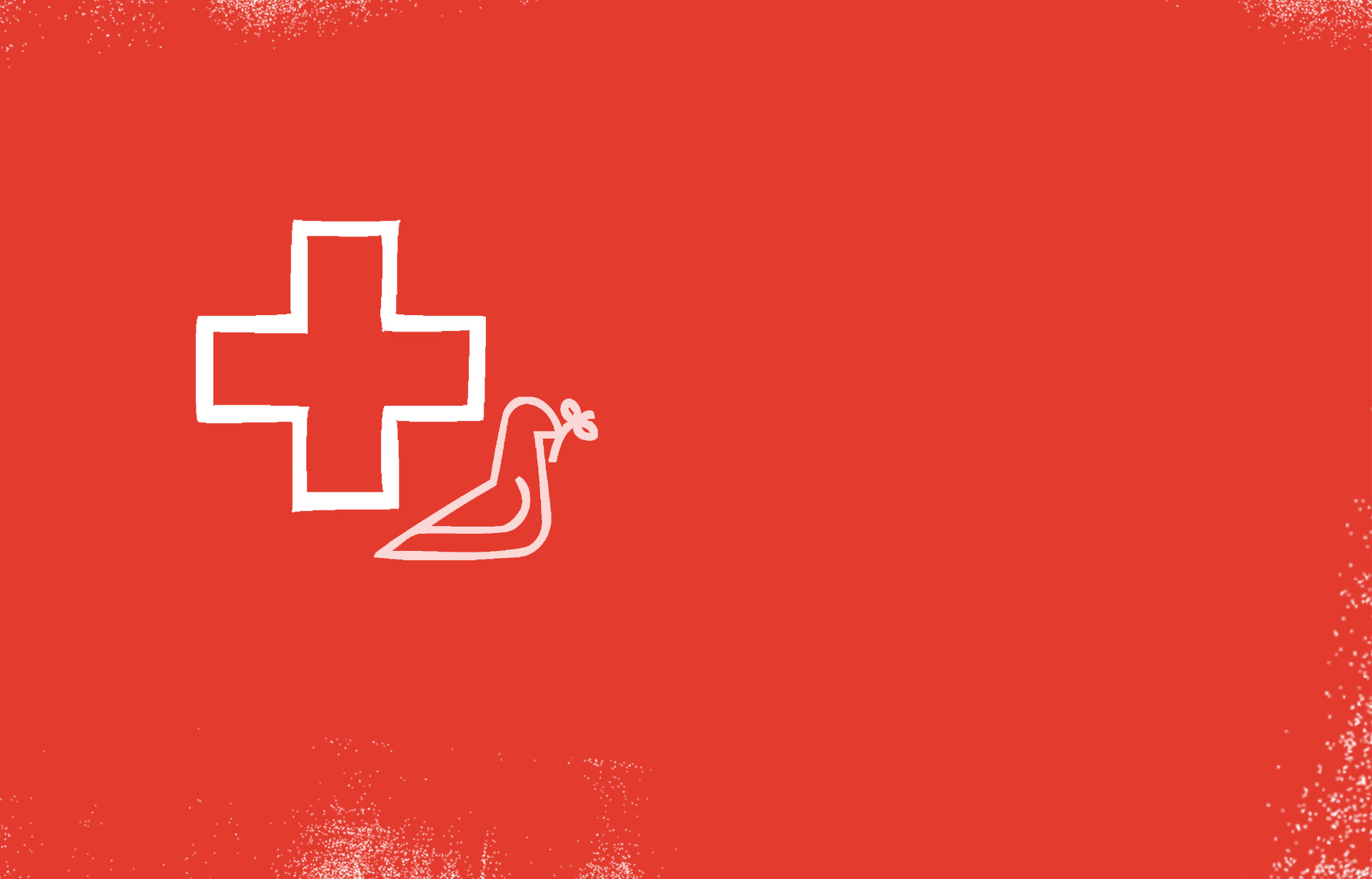 Red banner with cross and dove graphics