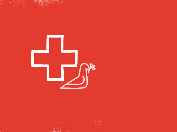 Red banner with cross and dove graphics