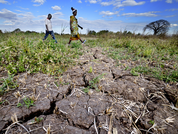 Gabriel and Ethel walk over very dry grass and earth, Malawi. Their crops were destroyed by Tropical Storm Ana in January 2022.